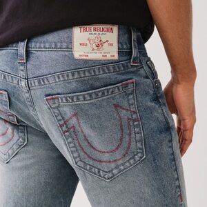 True Religion Light Blue Rocco Relaxed Skinny Jeans with Red Stitching Sz 31 Men